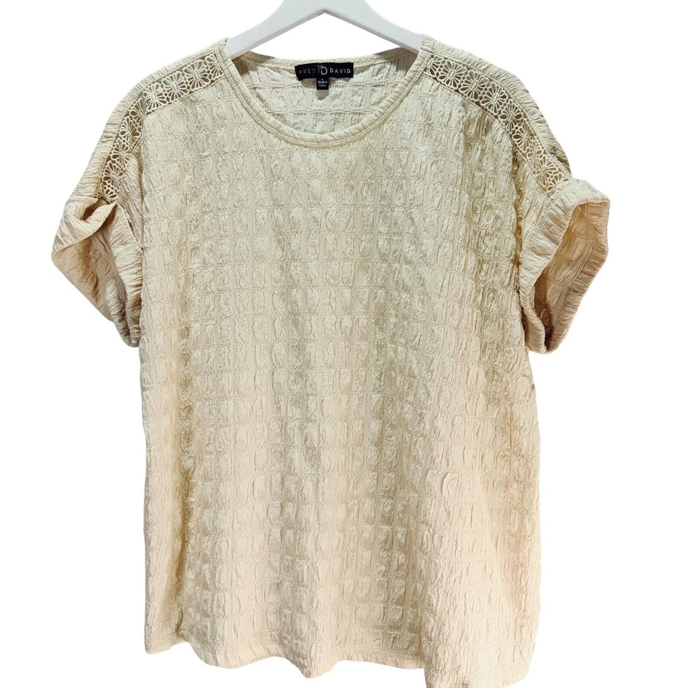 Fred David Textured Knit Top Women L Cream Boho Crochet Lace Short Sleeve Summer